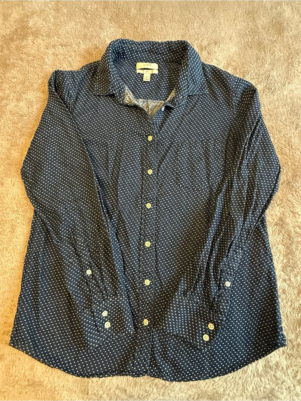 J. Crew Navy Button-Down Shirt with White Micro-Dot Pattern, Boy 8, 100% Cotton